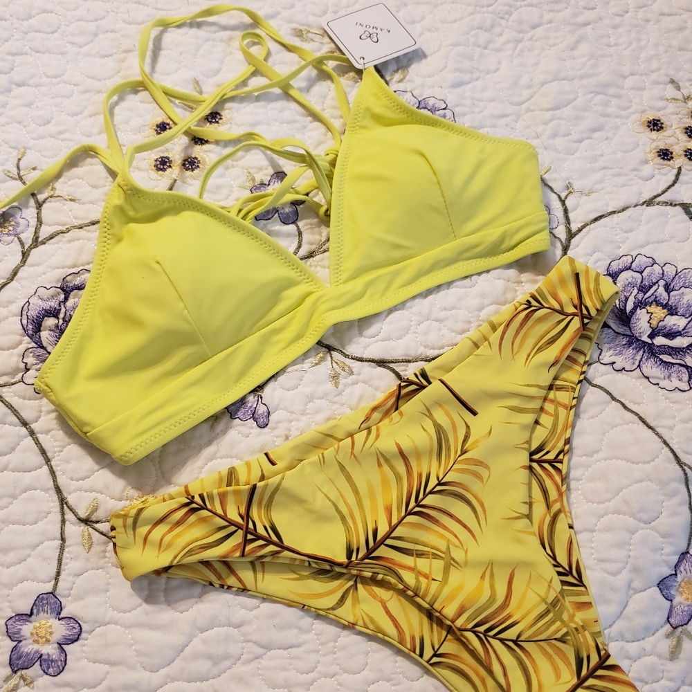Yellow Bikini Set with Tropical Print
